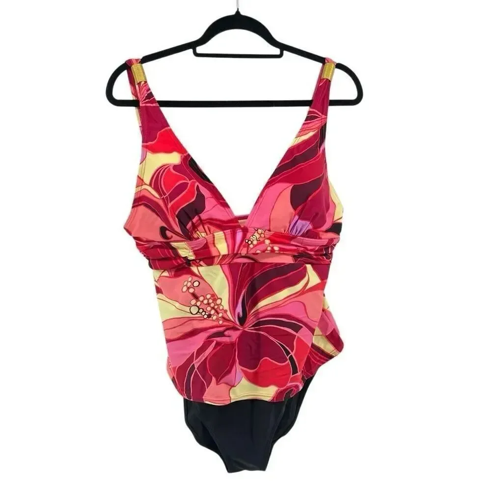 Fanta Sizer Suit Women’s Size 14 Floral Tankini Swimsuit Red Pink Twist Front